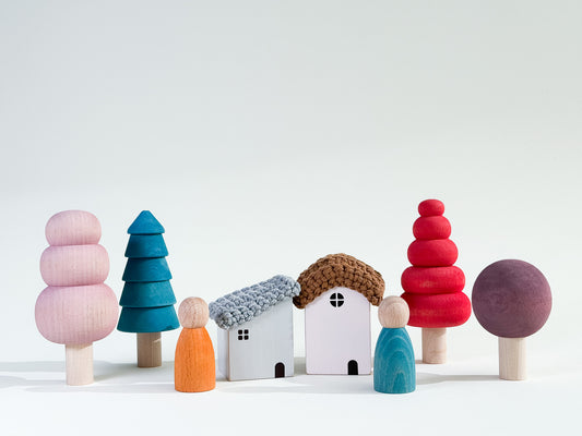 Wooden Forest Village Set - Blue and Orange