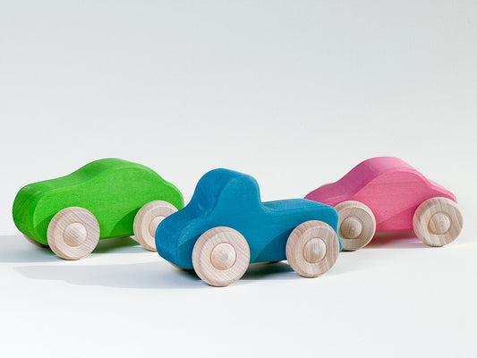 Set of Green, Blue, and Pink Wooden Cars