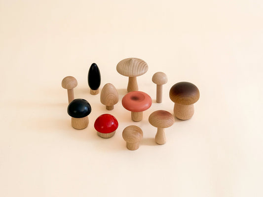Set of wooden mushroom toys on a beige background